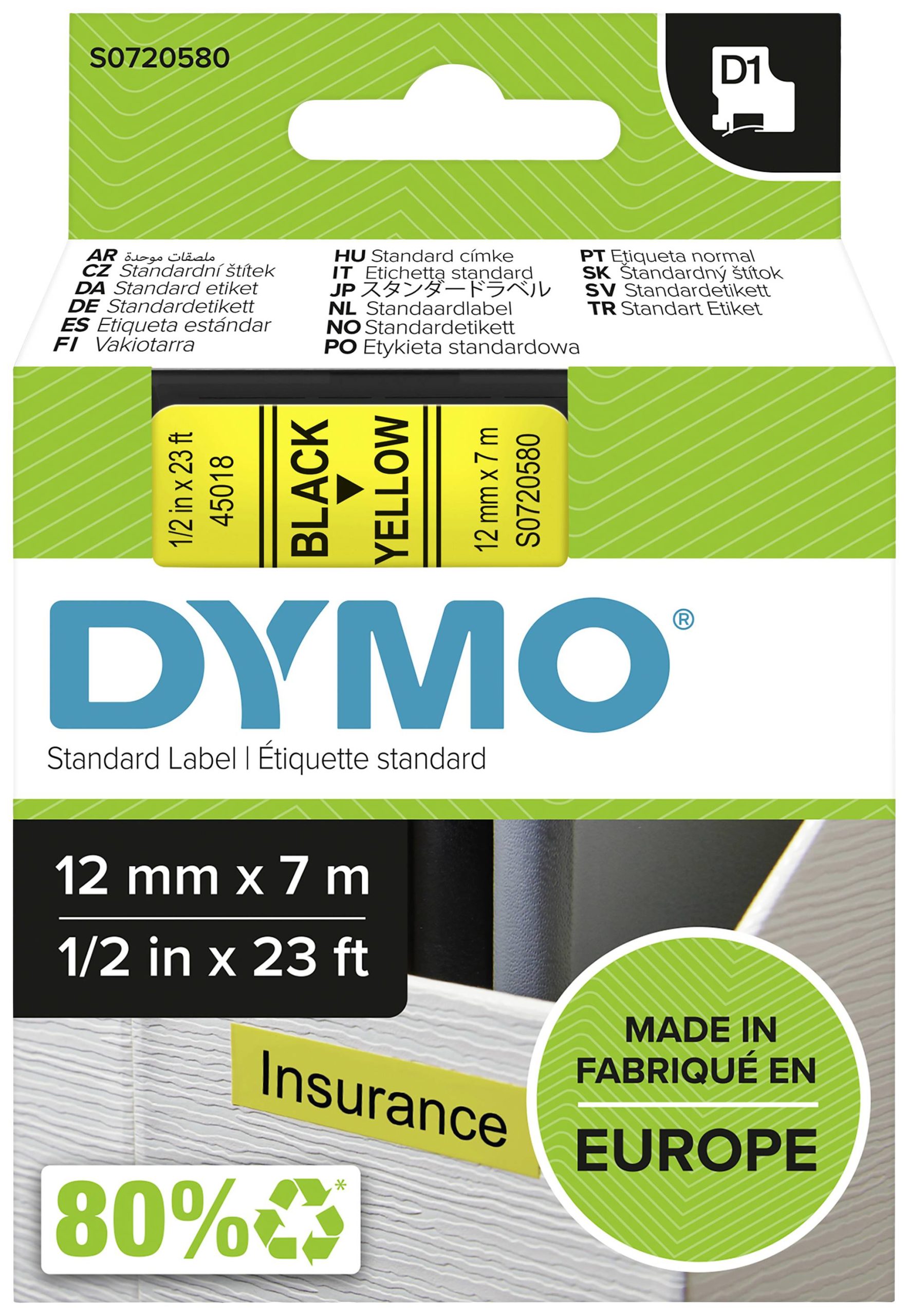 Taśma do nadruku D1 DYMO S0720580, 12 mm x 7 m, Kolor taśmy: żółty / Kolor nadruku: czarny - obrazek 1