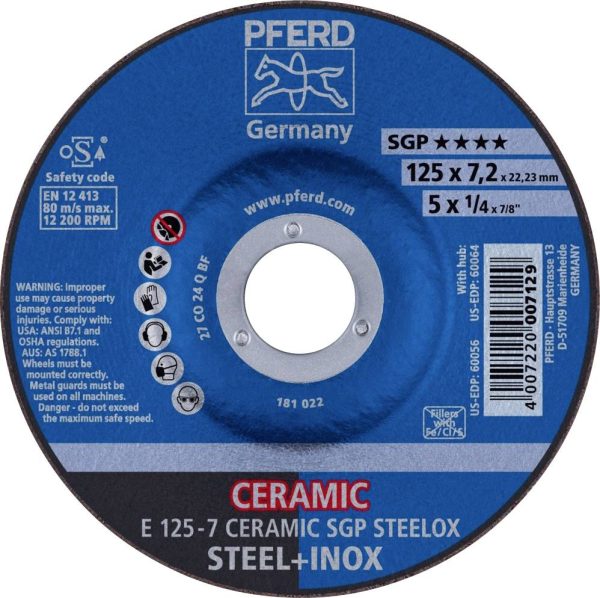 PFERD TOOLS 62212300 E 125-7 CERAMIC SGP STEELOX Tarcza tnąca wygięta Średnica 125 mm Średnica otworu 22.23 mm stal nier