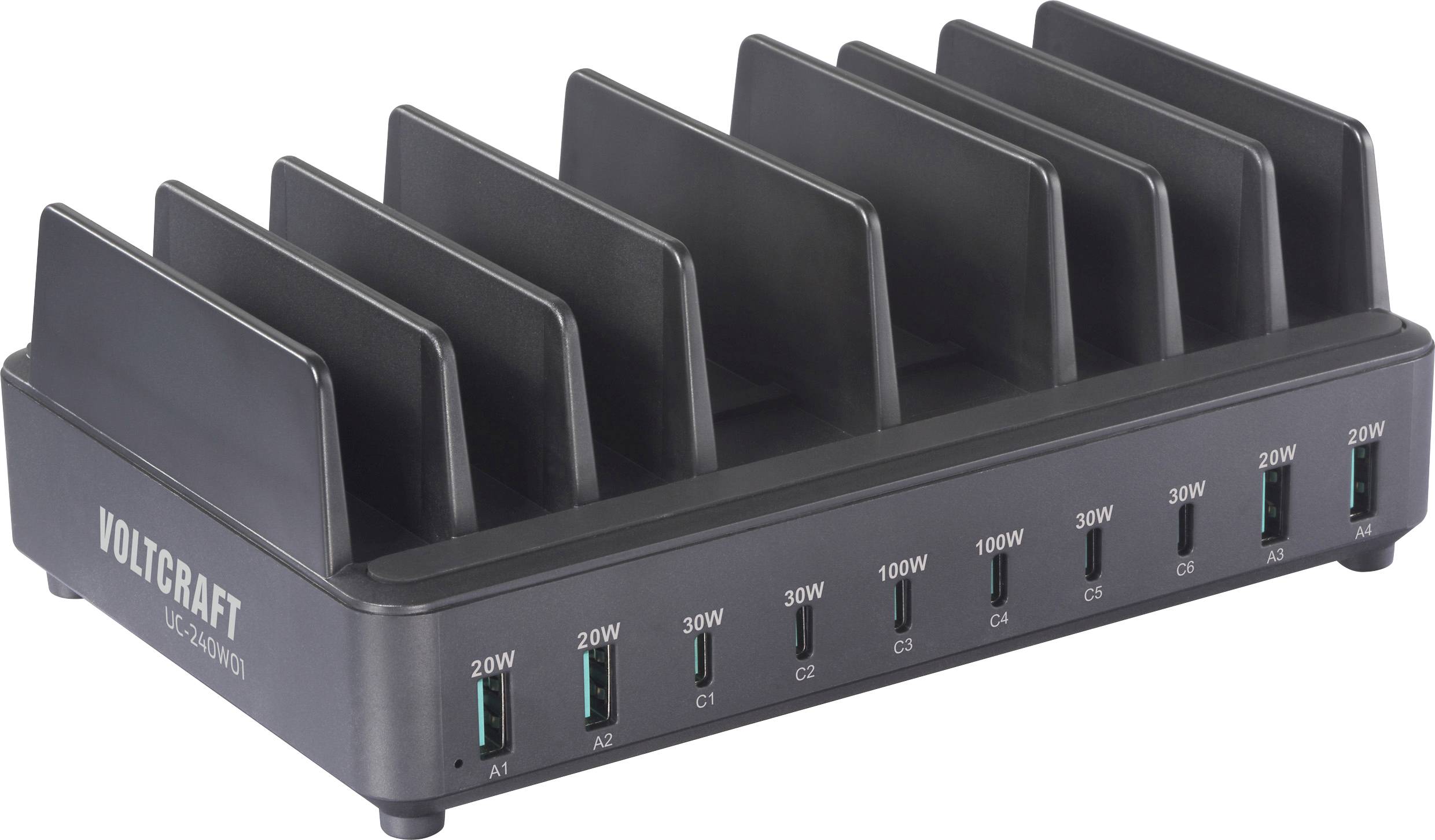 VOLTCRAFT UC-240W01 Stacja ładowania USB 240 W 6x USB-C®, 4x USB-A Fast Charge, Quick Charge, Power Delivery czarny dom - obrazek 1