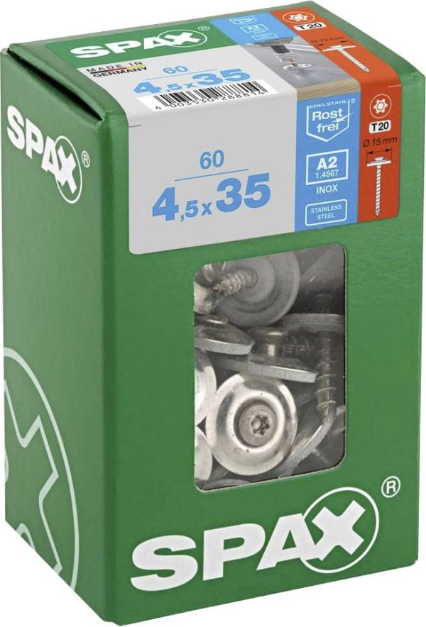 SPAX 4587000450357 Śruba blacharska 4.5 mm 35 mm T-STAR plus stal nierdzewna A2 60 szt.