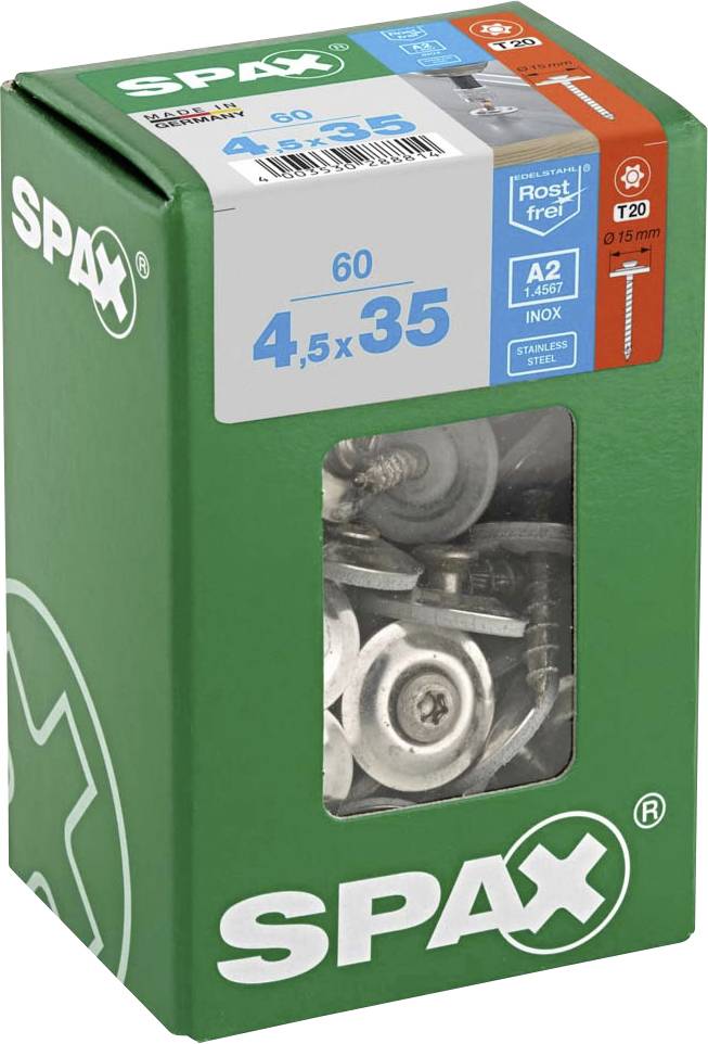 SPAX 4587000450357 Śruba blacharska 4.5 mm 35 mm T-STAR plus stal nierdzewna A2 60 szt. - obrazek 1
