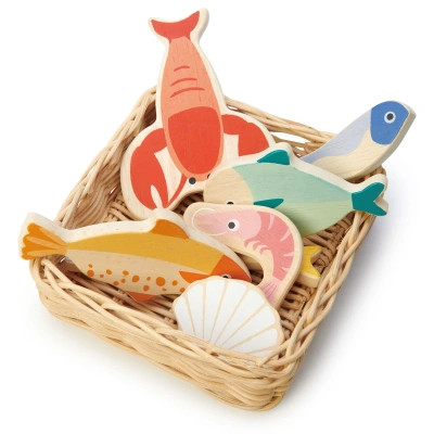 Wiklinowy koszyk z rybami i owocami morza, Tender Leaf Toys - obrazek 1