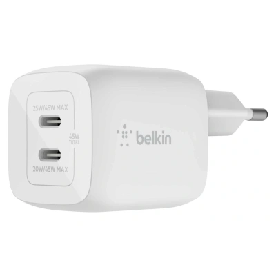Ładowarka sieciowa Belkin Boost Pro Wall Dual USB C PD 3.0 PPS GaN 45W, biała - obrazek 1