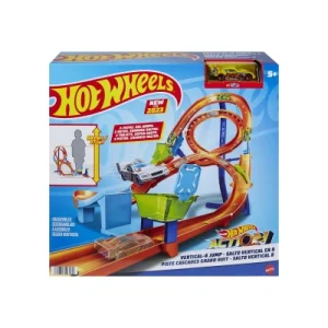 Hot Wheels Pionowy tor Ósemka Zestaw z 1 pojazdem i torem w kształcie ósemki do wyścigów popisów kaskaderskich, łączy się innymi zestawami, łatwe przechowywanie dzięki składaniu, HMB15