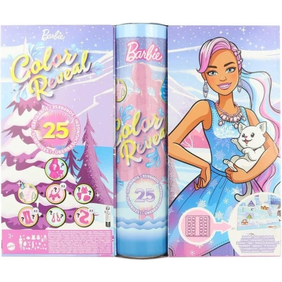 Barbie Color Reveal Kalendarz adwentowy, 1 lalka Reveal, 3 zwierzątka, ubranka, akcesoria i 2 pasemka włosów, łącznie 25 niespodzianek, prezenty świąteczne dla dzieci, HJD60 - obrazek 1