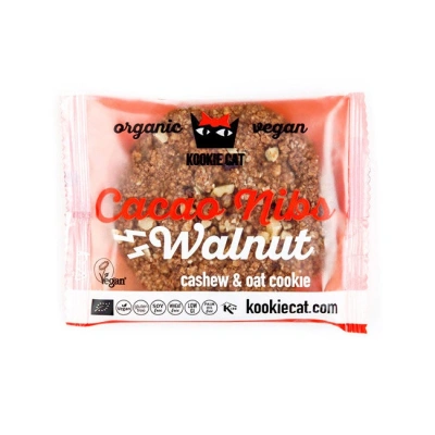 Kookie Cat ciastko wegańskie z ziarnami kakao i orzechami włoskimi 50g BIO Kookie Cat ciastko wegańskie z ziarnami kakao i orzechami włoskimi 50g BIO