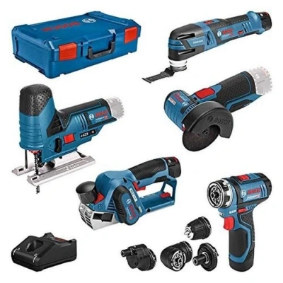 Bosch Professional system 12V: akum. wiertarko wkrętarka GSR 12V 15 FC (4 wym. uchwyty)+GHO 20+GWS 76+GST 70+Multi Cutter GOP 28 (2 2.0Ah, 1 3.0Ah + ład., walizka XL BOXX) - obrazek 1